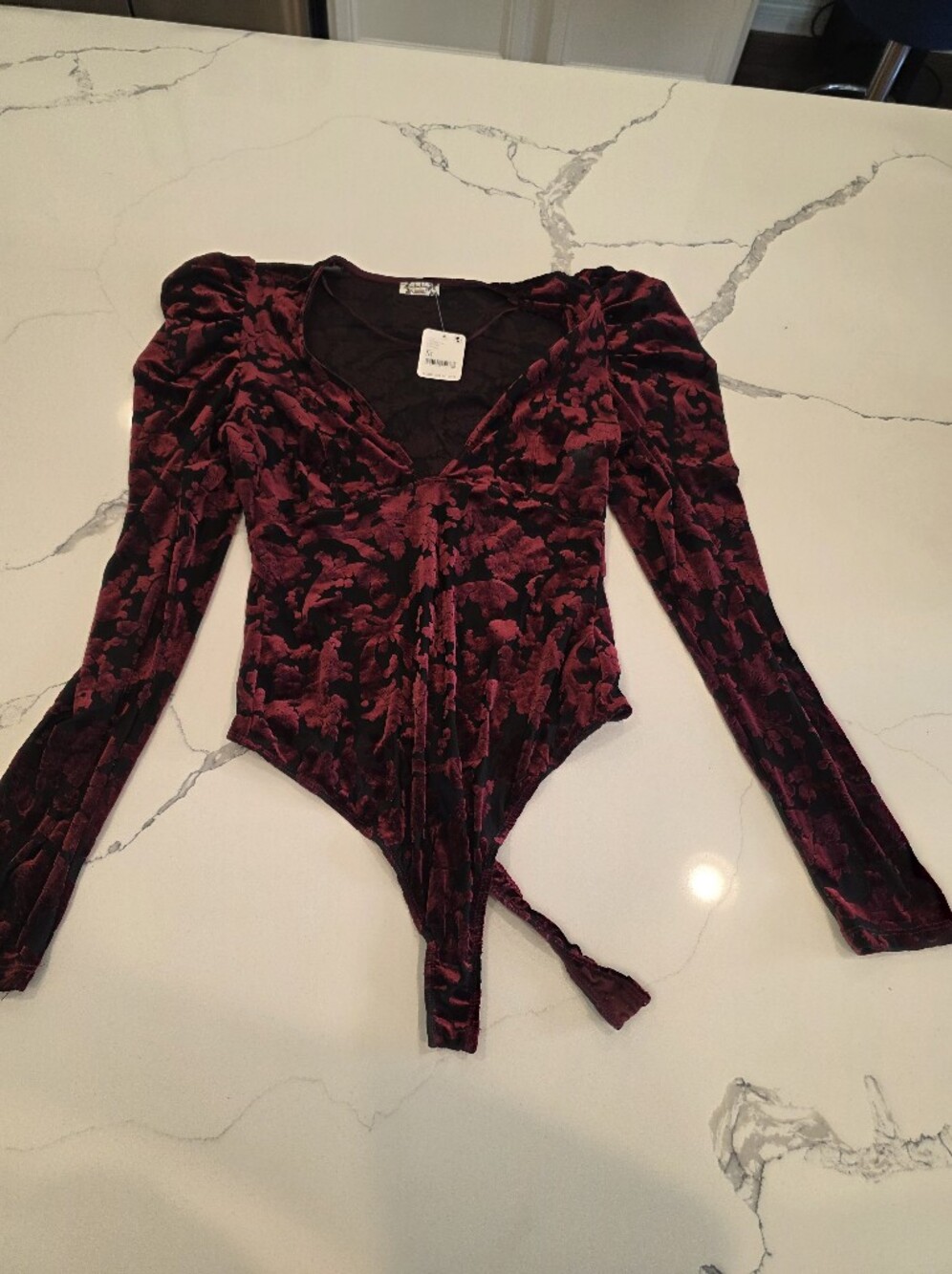Free People Burgundy Floral Velvet Long-Sleeve V-Neck Bodysuit